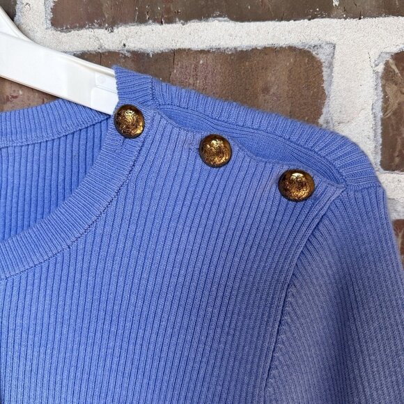 NWT Lauren Ralph Lauren Sweater Sz L Light Blue Ribbed Knit Gold Tone Button - Picture 2 of 12